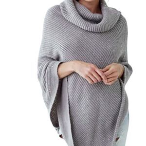 Asymmetrical Cotton Blend Cowl Neck Poncho Womens Gray Hem Ribbed Sequin Grey